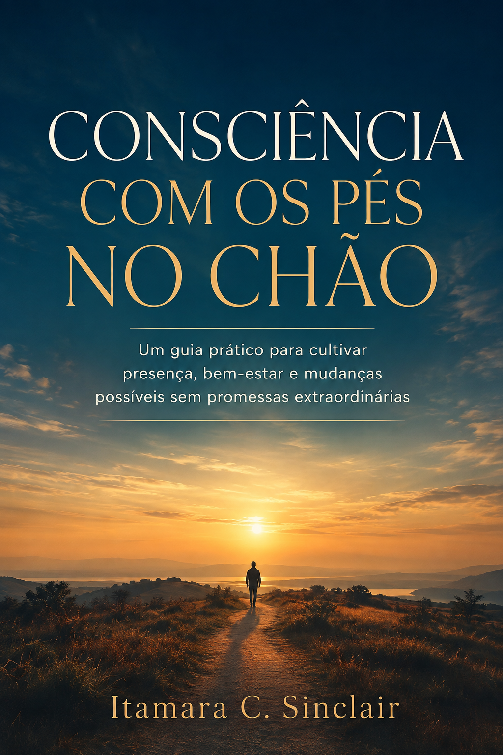 Capa do e-book Consciência com os Pés no Chão, de Itamara C. Sinclair: uma pessoa caminha em direção ao nascer do sol.